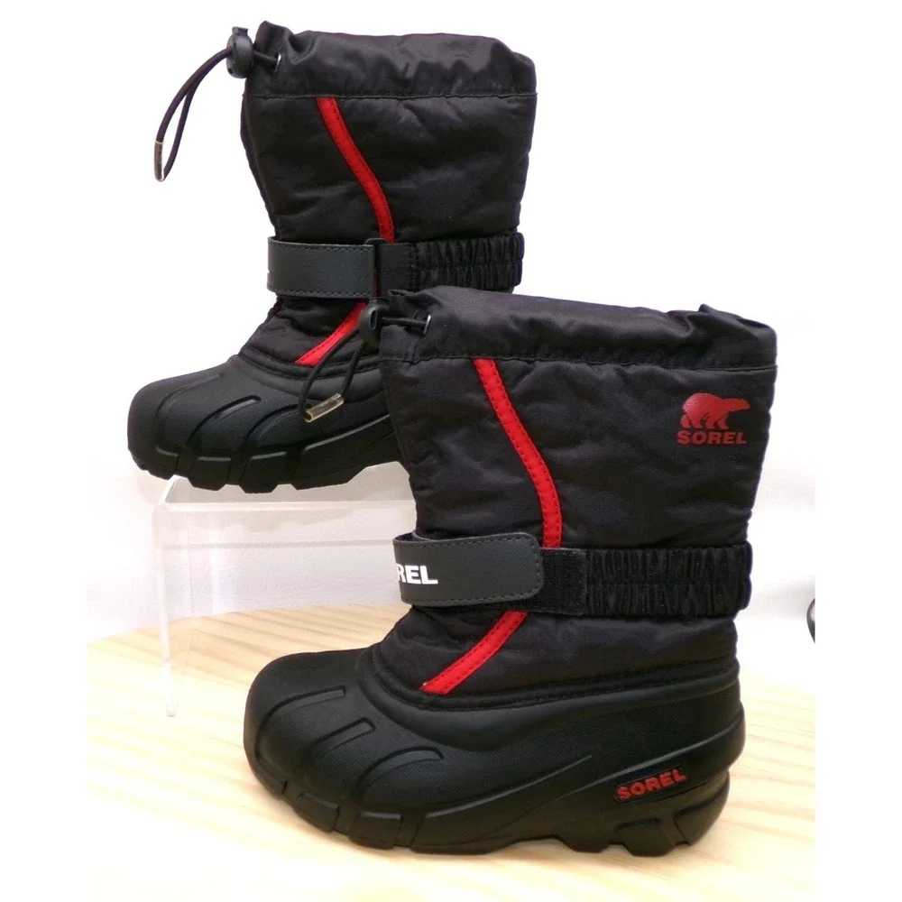 Sorel Flurry Snow Boots Youth Kids Black Red Size 12 Mid Calf Nylon Adustable